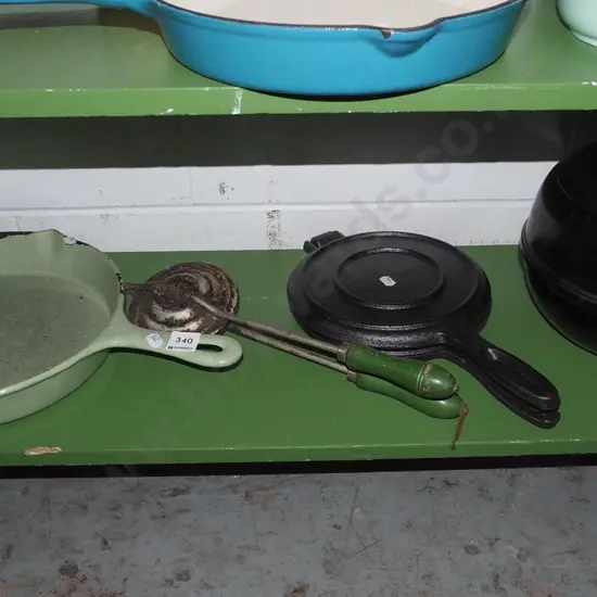 cast iron and enamel frying pan, waffle maker, ice bucket etc