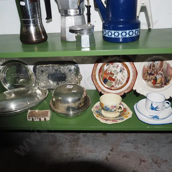 shelf of plated ware, trios, cabinet plates etc