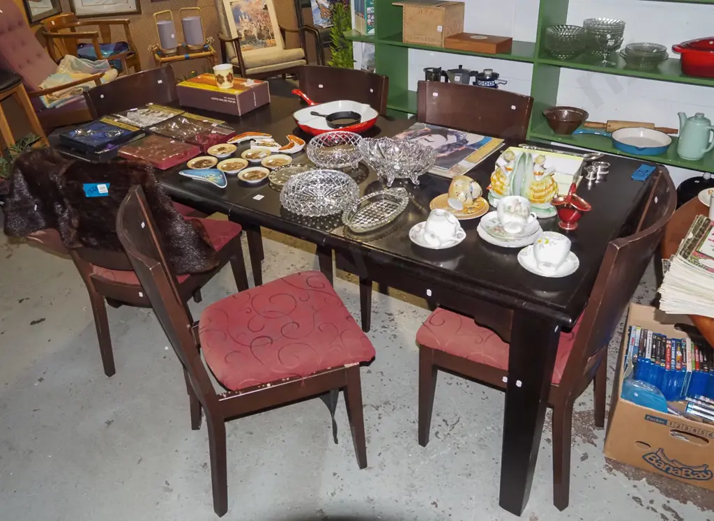 dark stained solid pine extending dining table with 6 matching fabric upholstered chairs Image 1++