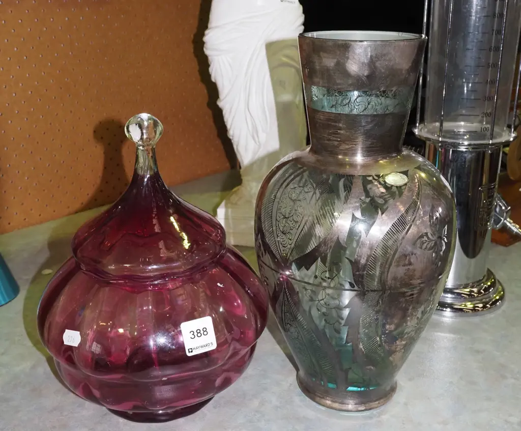 purple lidded glass container, silver and glass vase H320 Image 1++