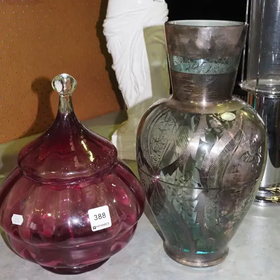 purple lidded glass container, silver and glass vase H320