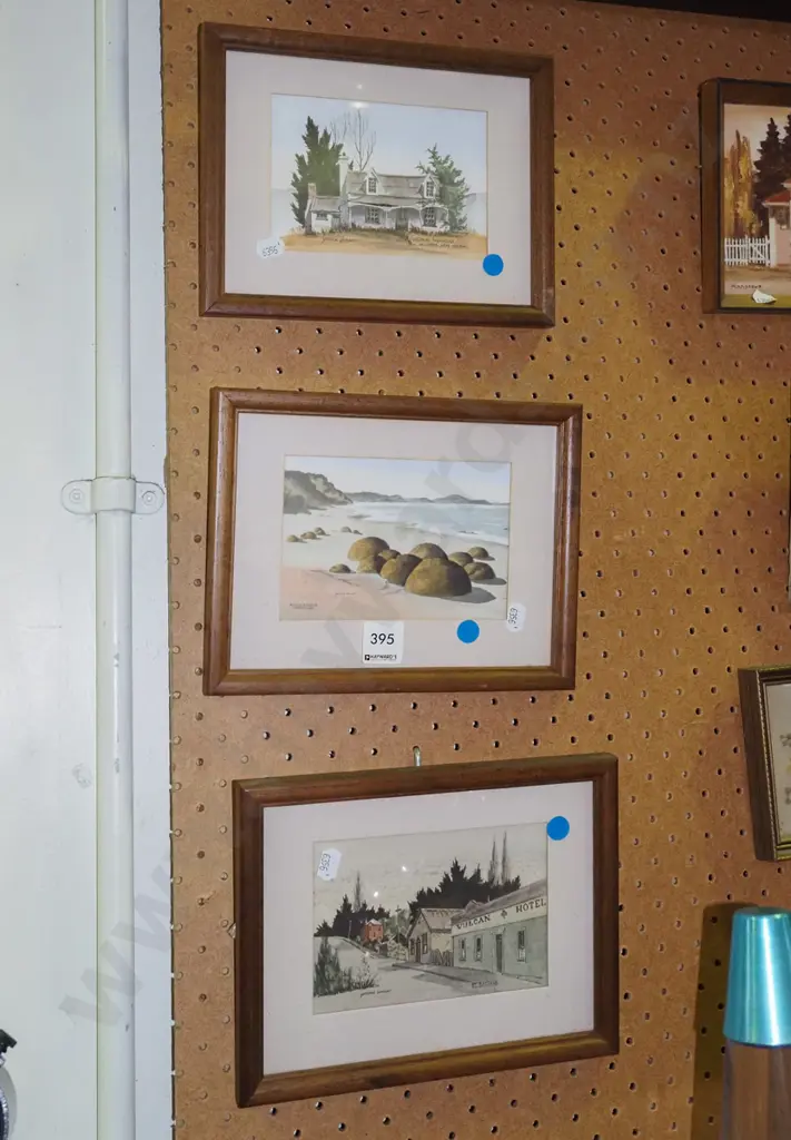 3x Yvonne Benson hand coloured prints - blue dots Image 1++