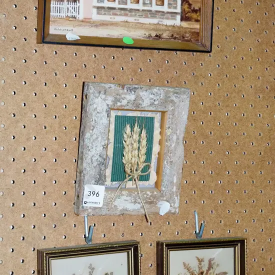 framed oil on board - Ophir Post Office, 3x small framed dry flowers - green dots