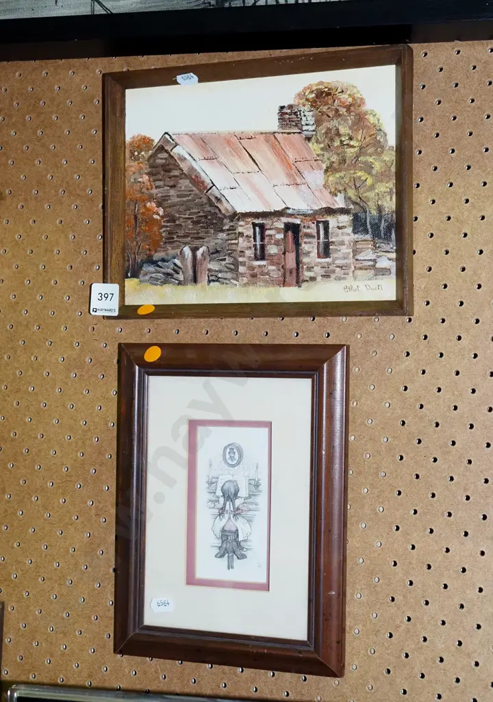 framed oil - cottage, framed cut out picture - orange dots Image 1++