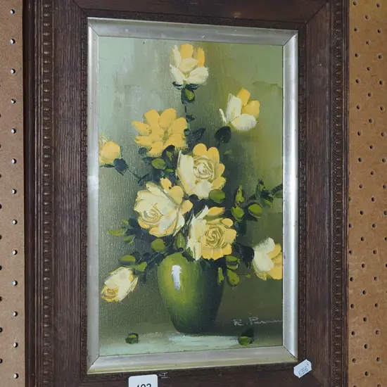 small oak framed oil on board - pink roses