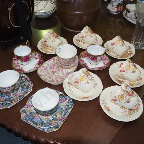 various cups, saucers, Royal Winton floral tennis set