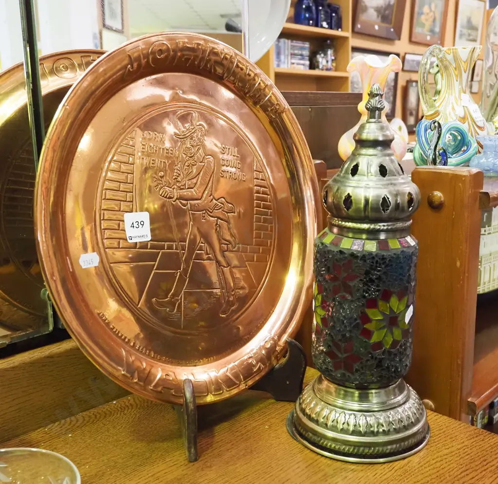 pressed copper Johnnie Walker tray, Turkish themed table lamp Image 1++