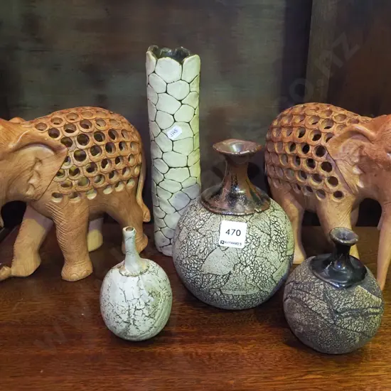 2x wooden elephants, pottery vases H250