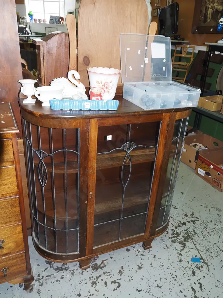 dark stained curved ended leadlight china cabinet H1080 W1020 D360 Image 1++