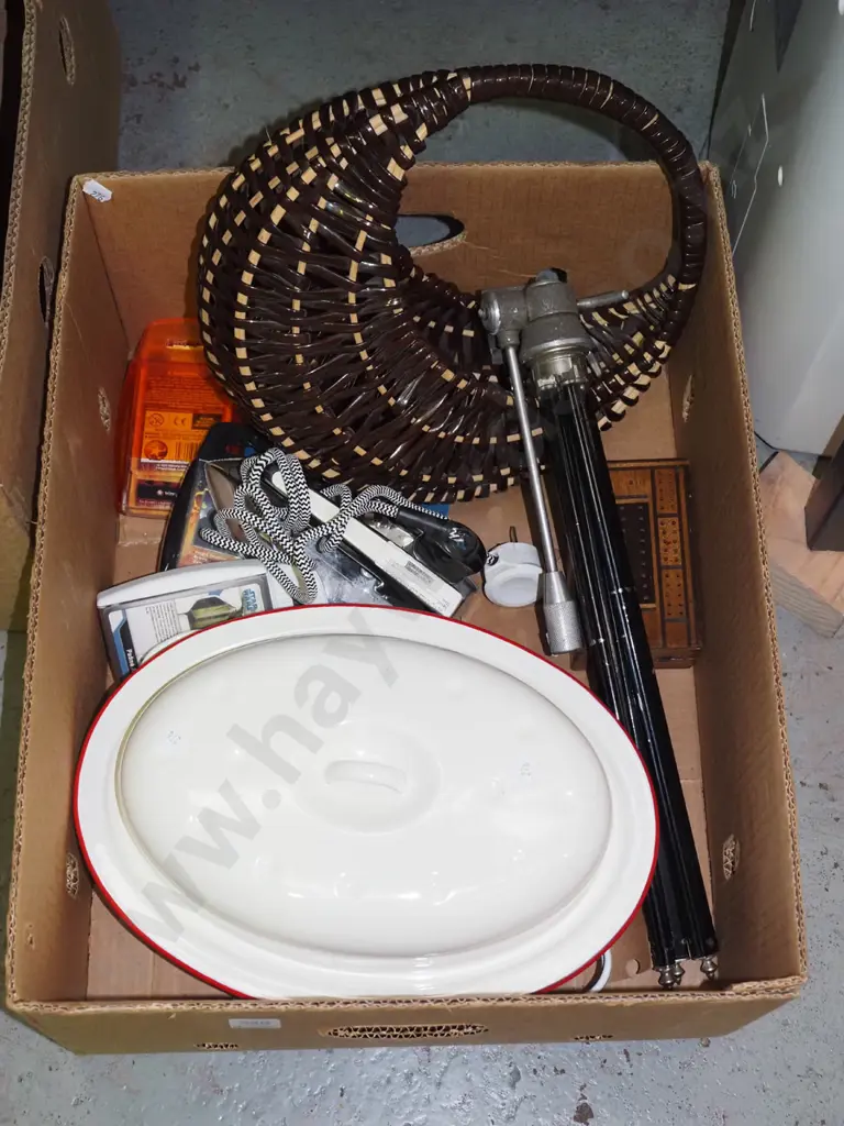 woven plastic moon basket, enamel lidded casserole, camera tripod etc Image 1++
