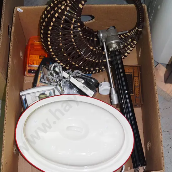 woven plastic moon basket, enamel lidded casserole, camera tripod etc