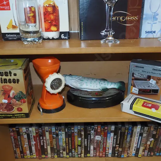 bench top mincer, big mouth billy bass, alarm clock 