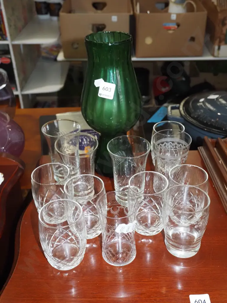 tall green glass vase, cut glass  tumblers, tumblers Image 1++