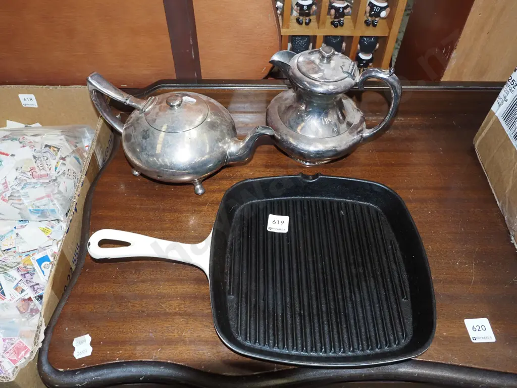 plated ware teapots, cast iron and enamel skillet Image 1++