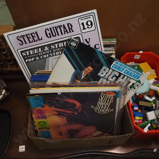 box of LPs; Solid Gold Hits, Rowan Atkinson, Nat King Cole etc