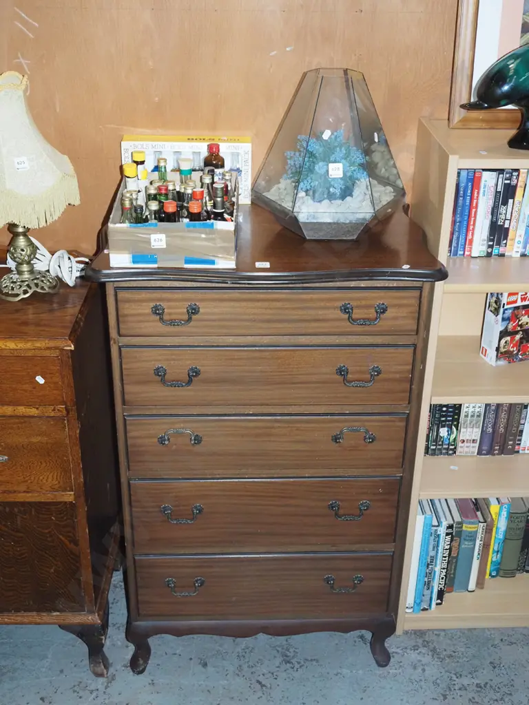 mdf faux wood veneer dark stained 5 drawer tall boy H1040 W670 D420 Image 1++