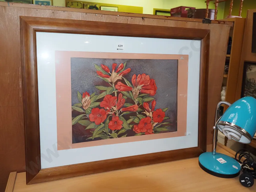 poorly framed Brenda Shore watercolour - rhododendrons Image 1++