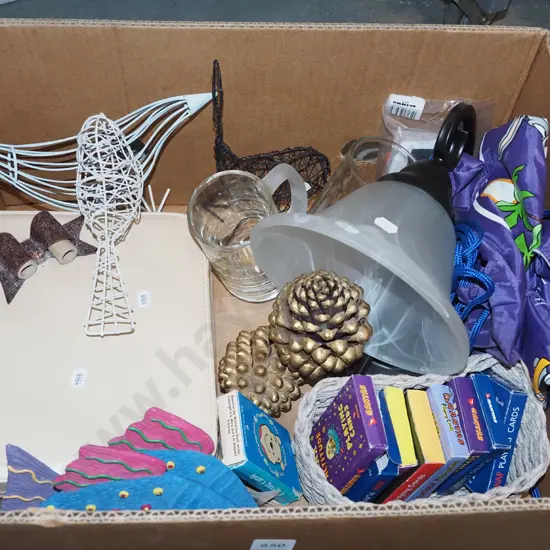 box; light fittings, playing cards, beer glasses etc