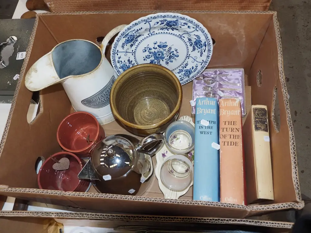box; books, metal water jug, jardiniere etc Image 1++