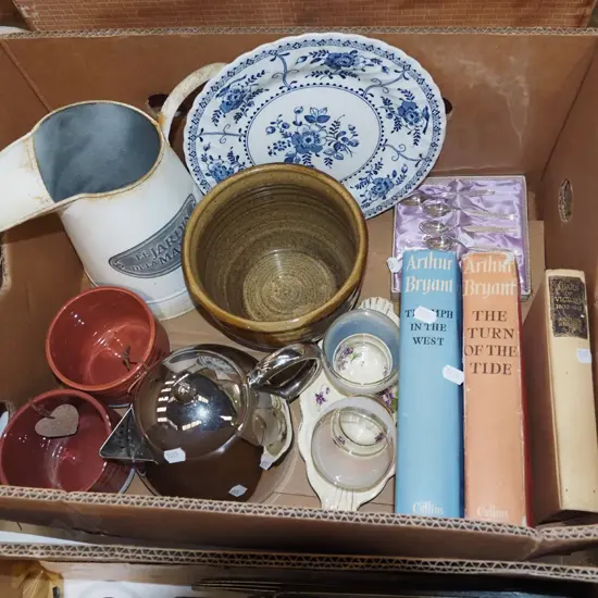 box; books, metal water jug, jardiniere etc