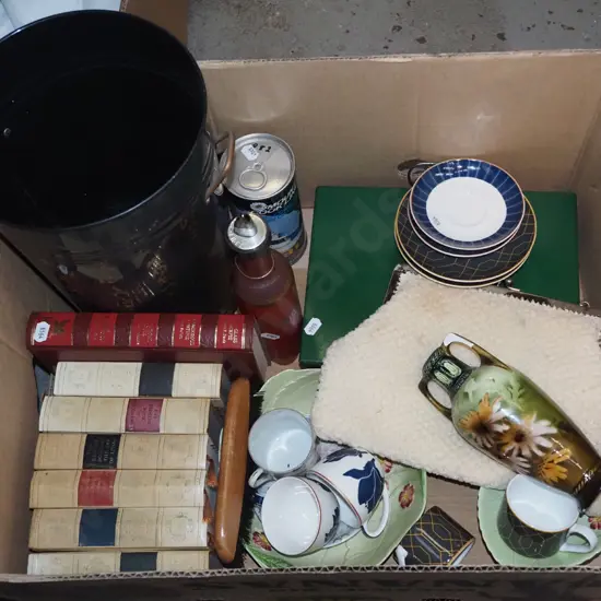 box; vinegar bottles, vase, wastepaper bin etc