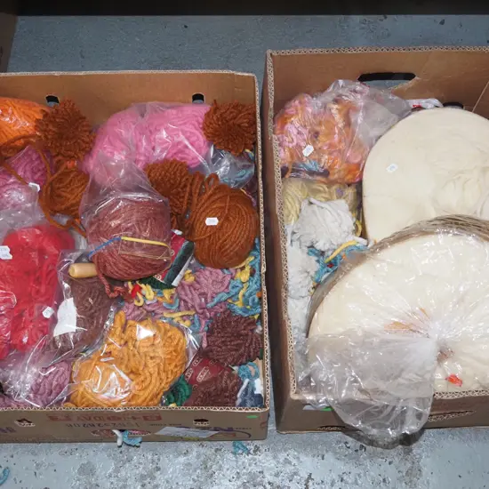 2x boxes of rug makers yarn and hand spun wool - green dots