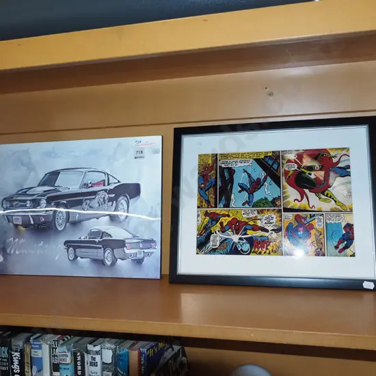 3D mustang print and a framed spider man comic print