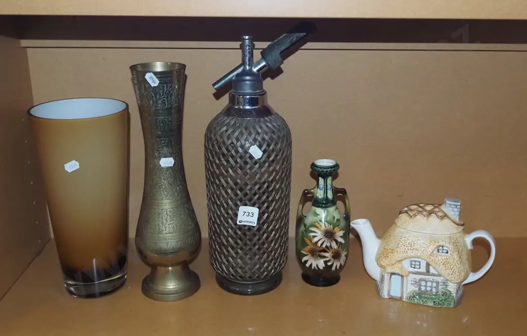 shelf; vases, soda syphon, novelty teapot Image 1++