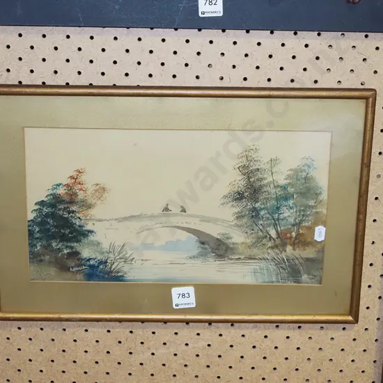 framed watercolour - bridge over river - foxing 