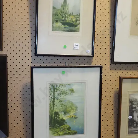 2x faded prints -church, coastal scene -  green dots