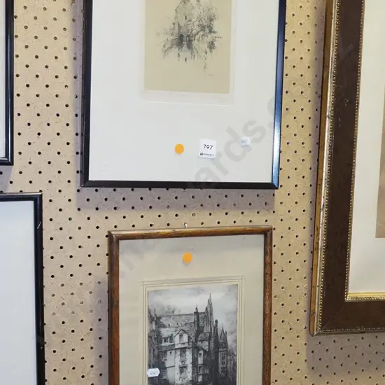 2x framed prints - buildings - orange dots