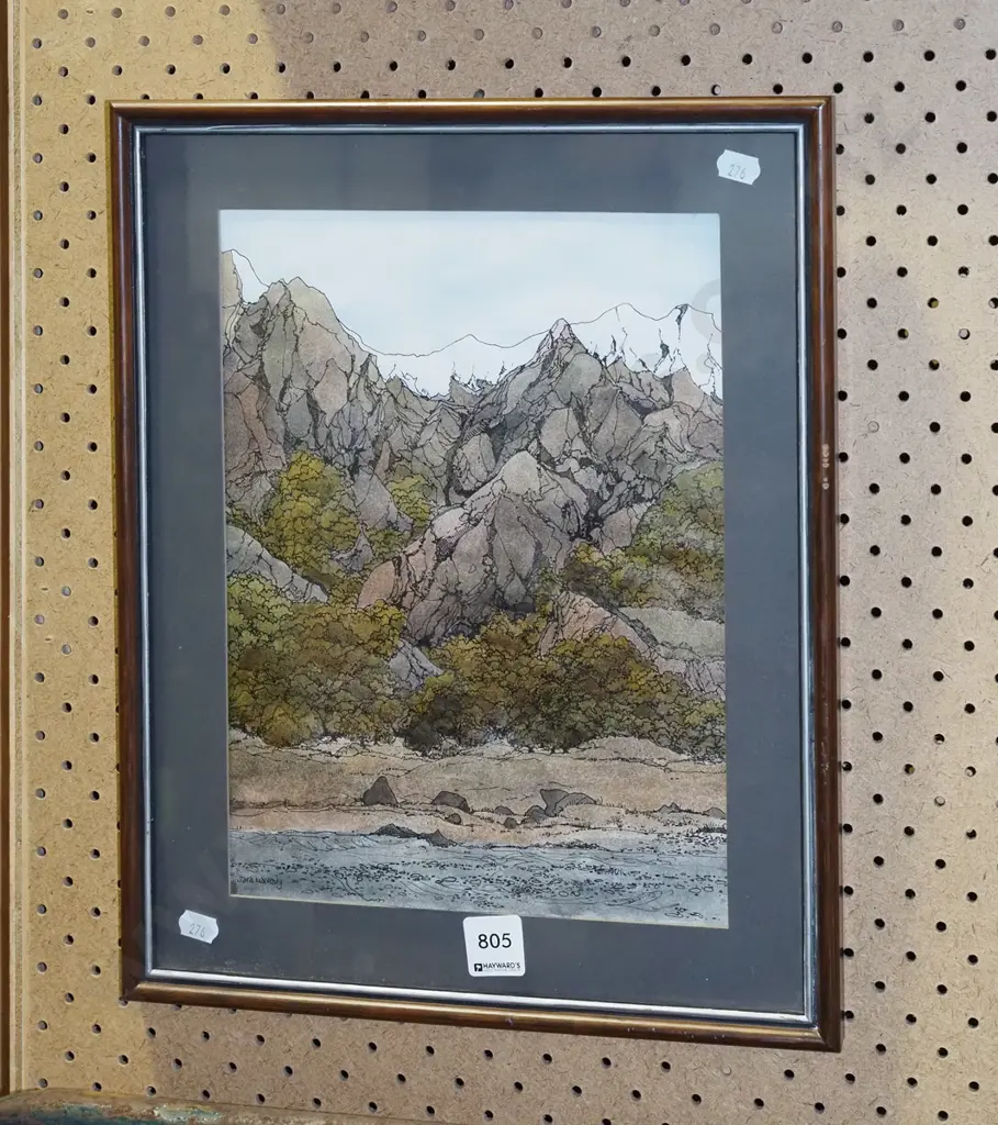 framed ink and watercolour - stream and mountain scene Image 1++
