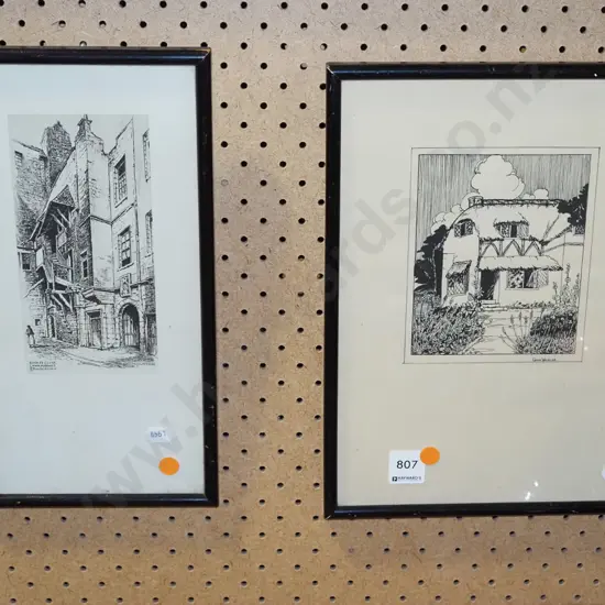 2x framed prints - houses - orange dots