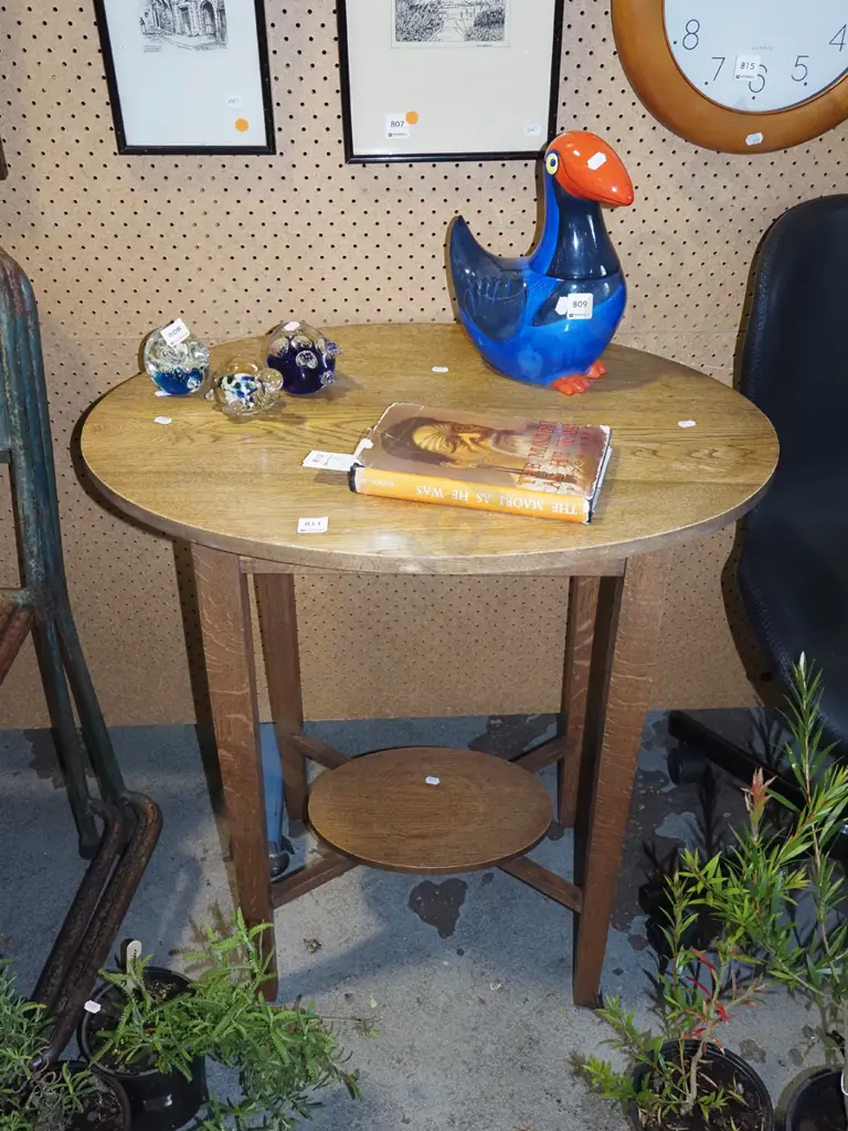 oval oak 2 tier lamp table H730 680 510 Image 1++