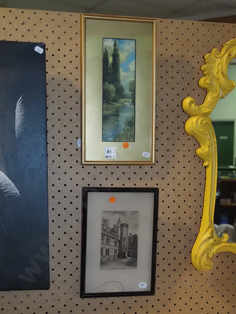 2x framed prints - river scene, Paris building? - stains - orange dots Image 1++