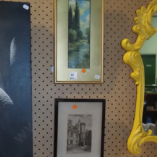 2x framed prints - river scene, Paris building? - stains - orange dots