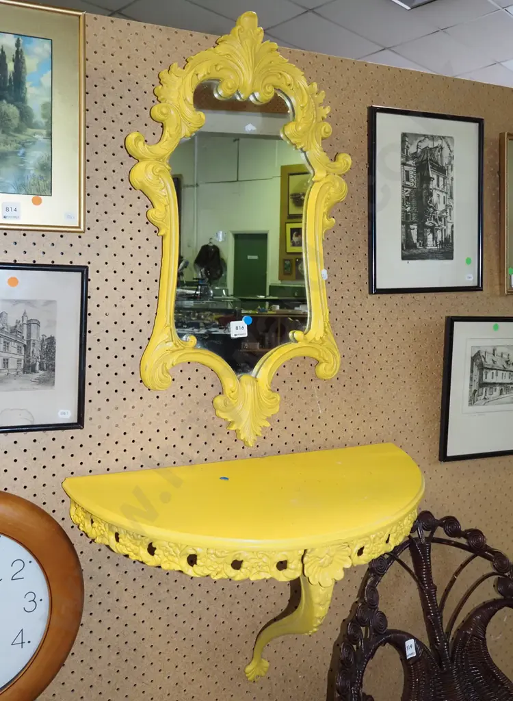 hand painted yellow framed wall mirror, and cast alloy half round shelf Image 1++
