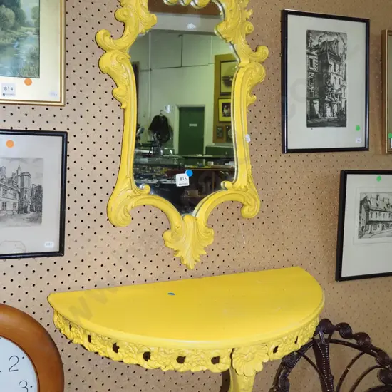 hand painted yellow framed wall mirror, and cast alloy half round shelf