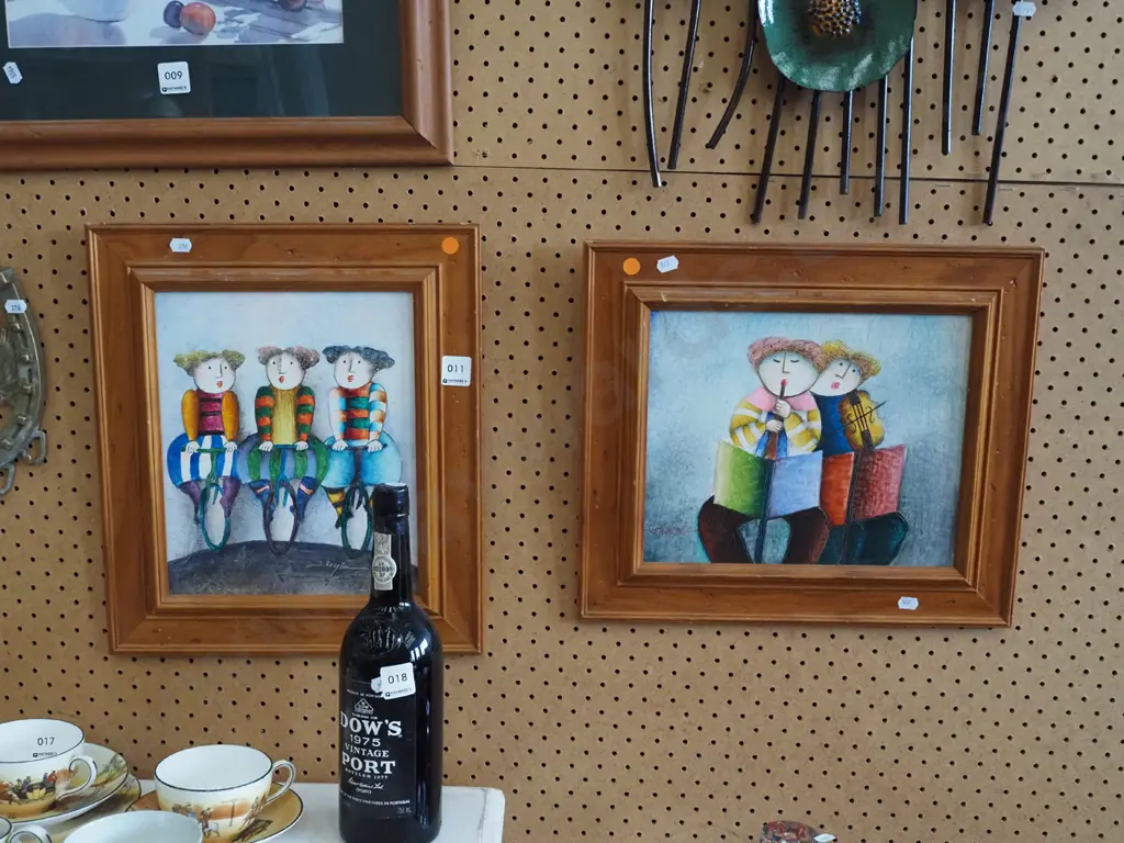 2x framed prints - ladies on bikes, musicians - yellow dots Image 1++