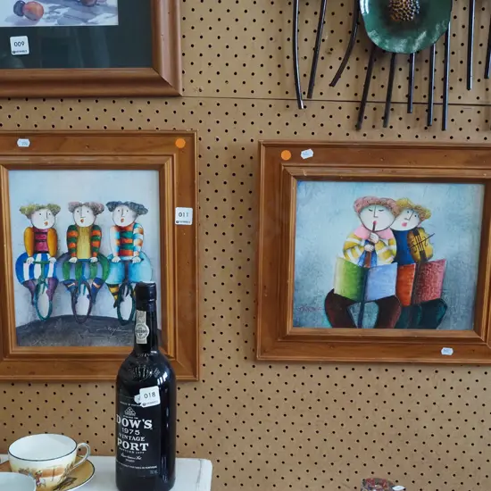 2x framed prints - ladies on bikes, musicians - yellow dots