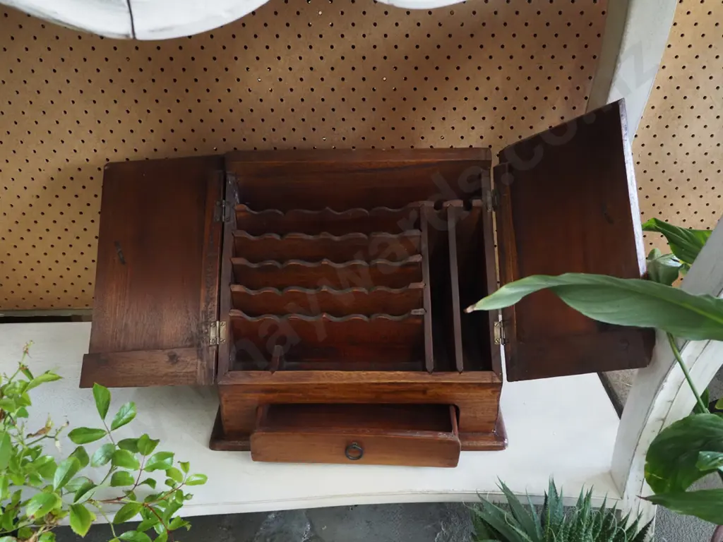 Indonesian hardwood double door letter rack with single lower drawer Image 1++
