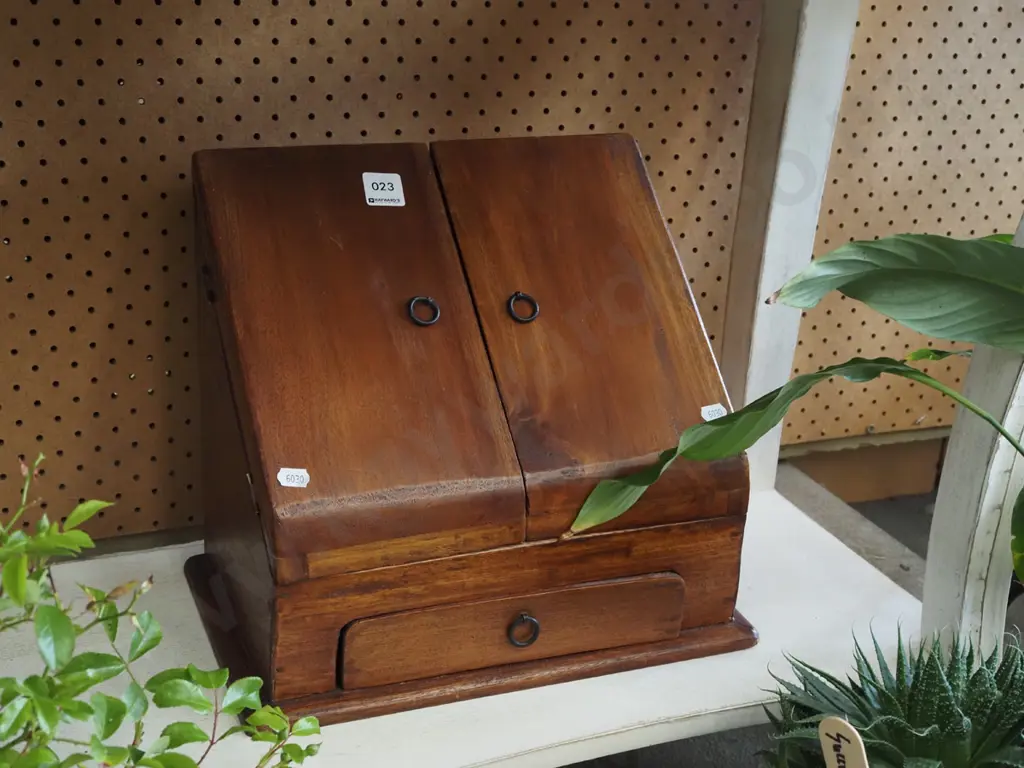 Indonesian hardwood double door letter rack with single lower drawer Image 1++