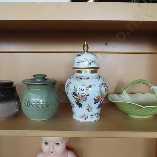 3x lidded canisters, Carlton ware leaf basket - staining
