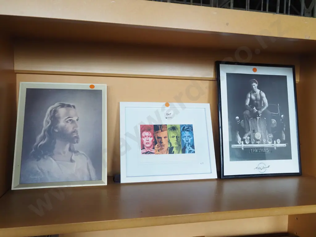 3x prints - mechanic, Jesus, David Bowie - orange dots Image 1++
