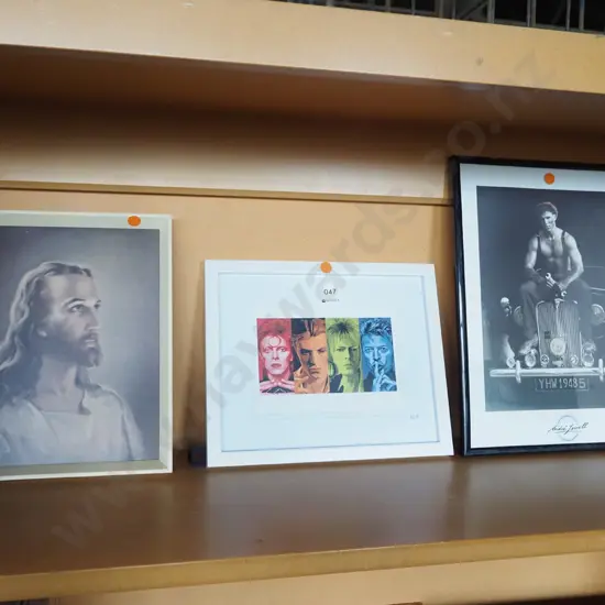 3x prints - mechanic, Jesus, David Bowie - orange dots
