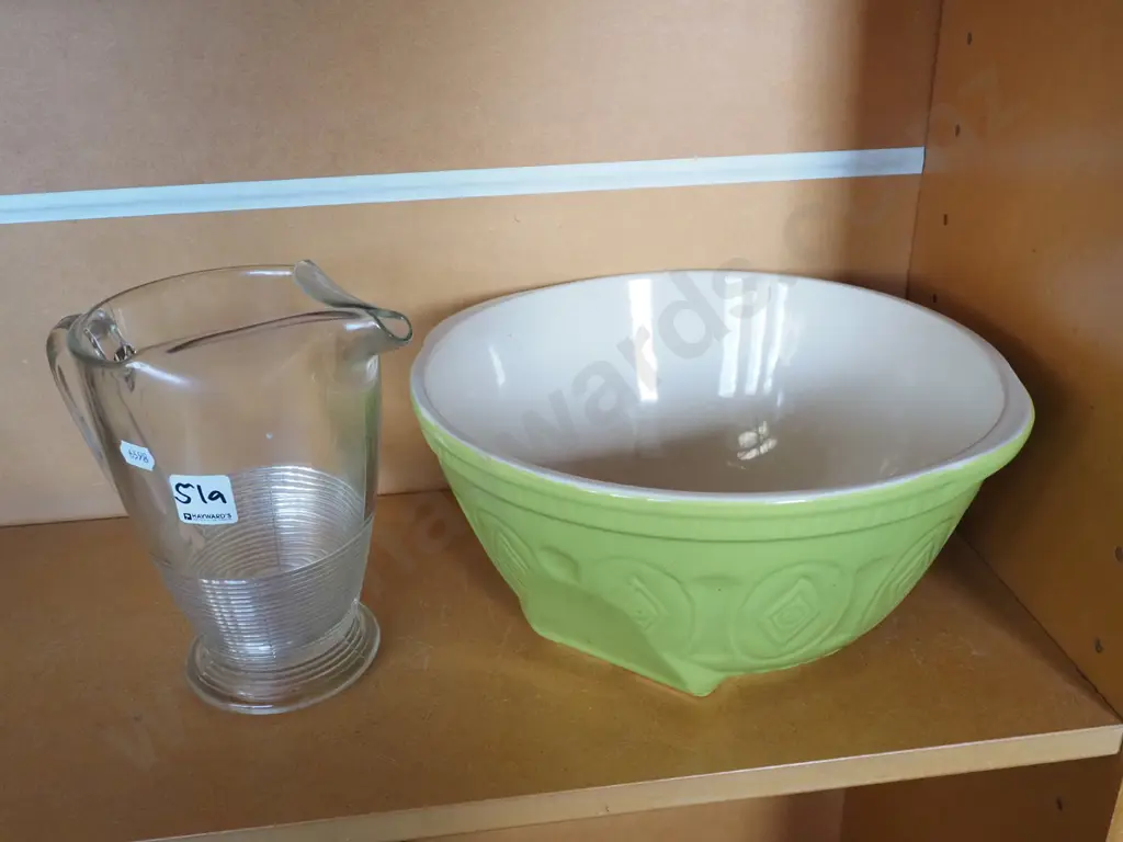 large green ceramic mixing bowl, glass jug Image 1++