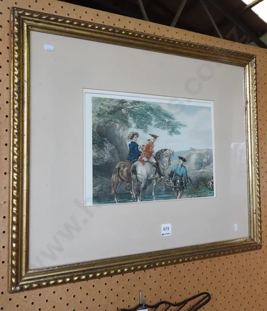 gilt framed print - horse back riders and man with birds Image 1++