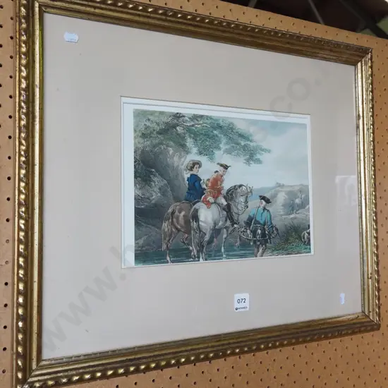 gilt framed print - horse back riders and man with birds
