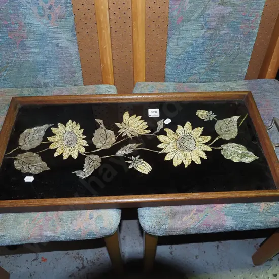 oak serving tray with metal handles and gilt sunflowers under glass