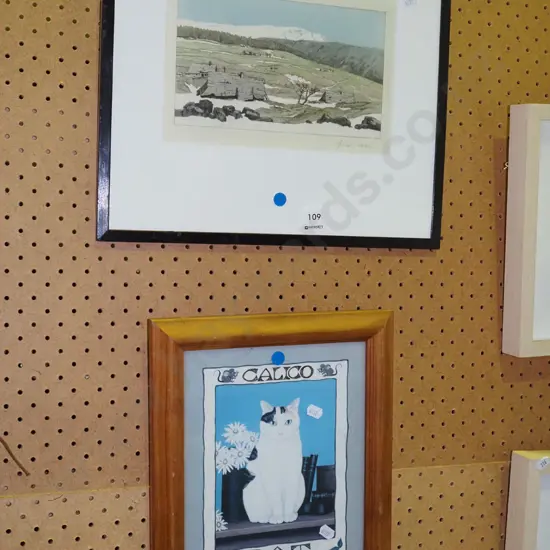 2x framed prints - landscape, cat - blue dots